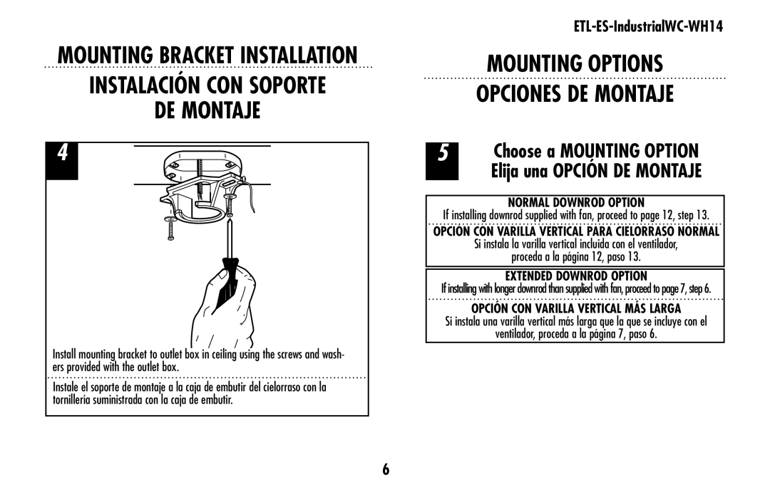 Westinghouse ETL-ES-IndustrialWC-WH14 owner manual MOUNTING OPTIONS Opciones DE Montaje 